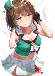 Rule 34 | beret, black gloves, blush, breasts, brown eyes, brown hair, choukai (kancolle), choukai (kancolle) (cosplay), closed mouth, cosplay, furutaka (kancolle), gloves, hair between eyes, hat, highres, kantai collection, looking at viewer, medium breasts, miniskirt, sawaracp, short hair, simple background, skirt, smile, solo, white background