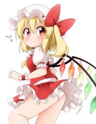 Rule 34 | 1girl, ascot, ass, blonde hair, blush, flandre scarlet, hat, hat ribbon, highres, miniskirt, mob cap, panties, puffy short sleeves, puffy sleeves, red eyes, red ribbon, red skirt, ribbon, short sleeves, side ponytail, simple background, skirt, skirt set, solo, suwa yasai, sweat, touhou, underwear, vest, white background, white hat, white panties, wind, wind lift, wings, wrist cuffs