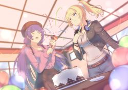 Rule 34 | 2girls, aqua eyes, ayase eli, belt, beret, birthday, birthday party, black jacket, black skirt, blonde hair, blue eyes, breasts, cake, cat with a brush, commission, denim, earrings, food, hair ribbon, hat, headphones, high ponytail, highres, indoors, jacket, jeans, jewelry, long hair, love live!, love live! school idol festival, love live! school idol project, low twintails, medium breasts, multiple girls, necklace, pants, party popper, pink ribbon, ponytail, purple hair, purple shirt, ribbon, shirt, skirt, suspender skirt, suspenders, table, tojo nozomi, twintails, white shirt