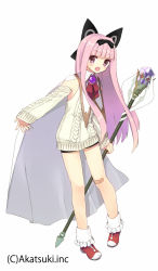 Rule 34 | 1girl, :d, bandaid, bandaid on knee, bandaid on leg, bow, cape, dennou pandemic, detached sleeves, full body, hair bow, hair ribbon, hairband, highres, holding, long hair, looking at viewer, miyoshino, open mouth, original, pink eyes, pink hair, ribbon, simple background, smile, solo, staff, standing, white background