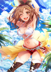 Rule 34 | 1girl, ;d, armpits, atelier (series), atelier ryza, atelier ryza 1, ball, beachball, bikini, bikini top only, black hairband, blush, boots, breasts, brown eyes, brown footwear, brown hair, cleavage, cluseller, cowboy shot, fang, hair ornament, hairband, hairclip, highres, holding, holding ball, large breasts, long hair, looking at viewer, ocean, one eye closed, open mouth, red shorts, reisalin stout, short shorts, shorts, skindentation, smile, swimsuit, thigh boots, thighhighs, thighs, wading, water drop, white bikini, white thighhighs