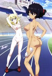Rule 34 | 2girls, andou (girls und panzer), armpits, arms up, ass, back, bc freedom (emblem), black hair, bleachers, blonde hair, blue eyes, blue sky, bottle, breasts, brown hair, cleft of venus, cloud, completely nude, dark-skinned female, dark skin, day, emblem, girls und panzer, grass, hair between eyes, hair ornament, hair scrunchie, hand on own hip, highres, holding, holding bottle, looking at viewer, multiple girls, navel, nipples, nude, nude filter, oshida (girls und panzer), outdoors, pussy, railing, red footwear, running track, scrunchie, sky, small breasts, smile, stadium, stairs, standing, stretching, third-party edit, track and field, wang guo nian