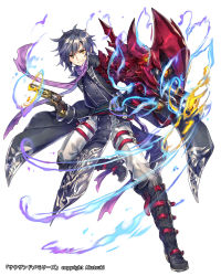 Rule 34 | 1boy, belt, black coat, black gloves, black legwear, boots, closed mouth, coat, fire, gloves, grey hair, gun, highres, holding, holding gun, holding weapon, male focus, official art, purple scarf, renta (deja-vu), scarf, simple background, smile, solo, thousand memories, weapon, white background, yellow eyes