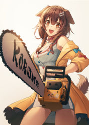 Rule 34 | 1girl, absurdres, animal ears, bare legs, blush, bone hair ornament, braid, breasts, brown hair, chainsaw, character name, choker, commentary, cowboy shot, dog ears, dog girl, dog tail, dress, foreshortening, glint, grey background, hair between eyes, hair ornament, highres, holding, holding chainsaw, hololive, inugami korone, inugami korone (1st costume), jacket, looking at viewer, mazel (mazel star), medium breasts, medium hair, off shoulder, open clothes, open jacket, open mouth, orange eyes, red choker, short dress, side braids, simple background, sleeveless, sleeveless dress, smile, solo, tail, thighs, twin braids, virtual youtuber, white dress, wristband, yellow jacket