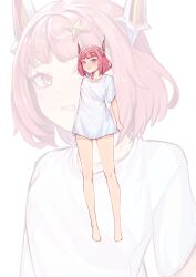 Rule 34 | 1girl, absurdres, blush, breasts, full body, goddess of victory: nikke, guaidao gd, headgear, highres, looking at viewer, noah (nikke), pink eyes, pink hair, shirt, short hair, small breasts, solo, sparkle hair ornament, standing, white shirt, zoom layer