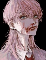 Rule 34 | 1boy, aqua eyes, black background, blood, blood on face, closed mouth, copyright request, earrings, eyelashes, hair between eyes, highres, inuo (inuo x), jewelry, long eyelashes, long hair, male focus, necktie, nosebleed, pink hair, red necktie, sanzu haruchiyo, simple background, sketch, solo, tokyo revengers, upper body