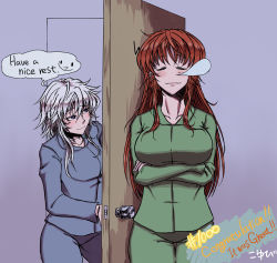 Rule 34 | 2girls, alternate costume, blue eyes, blush, breast hold, breasts, closed mouth, cowboy shot, crossed arms, english text, hong meiling, izayoi sakuya, koyubi (littlefinger1988), large breasts, long sleeves, looking at another, multiple girls, nose bubble, pajamas, red hair, silver hair, sleeping, sleeping upright, smile, speech bubble, touhou