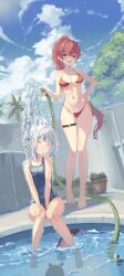 Rule 34 | 3girls, :3, absurdres, bikini, blue hair, blue sky, blunt bangs, breasts, character name, cleavage, closed eyes, collarbone, earrings, gawr gura, gradient hair, hair ornament, heart, heart earrings, heterochromia, highres, holding, holding hose, hololive, hololive english, hose, houshou marine, houshou marine (summer), jewelry, large breasts, long hair, medium hair, multicolored hair, multiple girls, navel, ninomae ina&#039;nis, plant, ponytail, poolside, potted plant, red bikini, red eyes, red hair, ripples, school swimsuit, shark hair ornament, short hair, sidelocks, silhouette, single earring, sitting, sky, small breasts, smile, splashing, standing, stomach, streaked hair, swimsuit, tentacles, thigh strap, titania lifeart, tree, two side up, virtual youtuber, white hair, yellow eyes