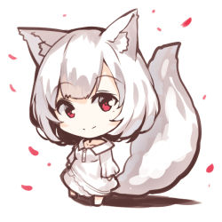 Rule 34 | 1girl, animal ears, barefoot, chibi, closed mouth, collarbone, collared dress, dress, fox ears, fox girl, fox tail, long sleeves, looking at viewer, mole, mole under eye, original, red eyes, short hair, smile, solo, standing, tail, white background, white dress, white hair, yuuji (yukimimi)