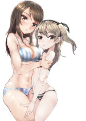 Rule 34 | 10s, 2girls, bad id, bad pixiv id, black bra, black panties, black ribbon, blue bra, blue panties, bra, breasts, brown eyes, brown hair, cleavage, commentary, cowboy shot, girls und panzer, hair ribbon, highres, light brown hair, long hair, looking at viewer, medium breasts, mika (girls und panzer), multiple girls, panties, parted lips, ribbon, shimada arisu, side ponytail, sikijou77o, simple background, standing, strapless, strapless bra, striped bra, striped clothes, striped panties, underwear, vertical-striped bra, vertical-striped clothes, vertical-striped panties, white background
