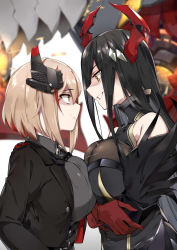 Rule 34 | 2girls, azur lane, bare shoulders, black dress, black jacket, blurry, breast press, breasts, buttons, closed mouth, collared shirt, cross, crossed arms, dress, eye contact, friedrich der grosse (azur lane), from side, gloves, grey background, grey shirt, grin, hair between eyes, headgear, horns, iron cross, jacket, light brown hair, looking at another, machinery, mechanical horns, military, military uniform, multicolored hair, multiple girls, naha78, profile, red gloves, red hair, roon (azur lane), shaded face, shirt, short hair, sidelocks, sleeveless, sleeveless dress, smile, streaked hair, symmetrical docking, turtleneck, turtleneck dress, uniform, upper body, white background, yellow eyes