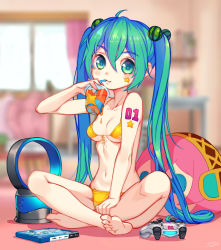 Rule 34 | 1girl, ahoge, barefoot, bikini, bladeless fan, blurry, breasts, controller, dc (doughertyevans), depth of field, drinking, drinking straw, food-themed hair ornament, front-tie top, full body, game controller, green eyes, green hair, hair between eyes, hair bobbles, hair ornament, hatsune miku, highres, indian style, indoors, long hair, megurine luka, number tattoo, sitting, small breasts, solo, swimsuit, tattoo, twintails, very long hair, vocaloid, watermelon hair ornament, yellow bikini