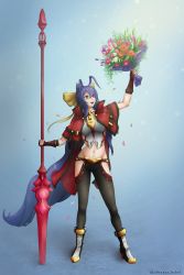 Rule 34 | 1girl, absurdly long hair, absurdres, antenna hair, babel abraxas, blazblue, blazblue: central fiction, blazblue variable heart, blue background, blue hair, boots, bouquet, fingerless gloves, flower, full body, genderswap, genderswap (mtf), gloves, hair between eyes, halterneck, highres, hip vent, holding, holding bouquet, holding flower, holding weapon, long hair, mai natsume, midriff, navel, open mouth, pants, pink eyes, ponytail, solo, standing, very long hair, weapon