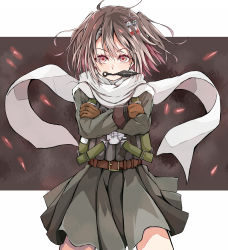 Rule 34 | 1girl, alternate costume, belt, brown eyes, brown gloves, brown hair, commentary request, cowboy shot, crossed arms, dairyo3, dress, gloves, grey dress, gunbuster pose, harness, highres, kantai collection, kunai, scarf, sendai (kancolle), short hair, solo, two side up, weapon, white scarf