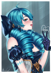 Rule 34 | 1girl, absurdres, blue hair, dress, drill hair, gloves, grey background, gwen (league of legends), highres, league of legends, lipstick, long hair, makeup, multicolored eyes, ribbon, solo