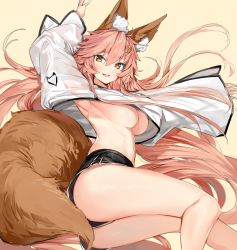 Rule 34 | 1girl, :d, absurdres, animal ear fluff, animal ears, arm up, armpit peek, ass, beige background, black shorts, blush, breasts, brown eyes, commentary request, cropped jacket, fate/extra, fate (series), fox ears, fox girl, fox hair ornament, fox tail, hair between eyes, hair ornament, hairclip, highres, jacket, large breasts, long hair, long sleeves, looking at viewer, navel, open mouth, pink hair, revision, round teeth, short shorts, shorts, silver (chenwen), simple background, sleeves past wrists, smile, solo, tail, tamamo (fate), tamamo no mae (fate/extra), teeth, underboob, upper teeth only, very long hair, white jacket, wide sleeves