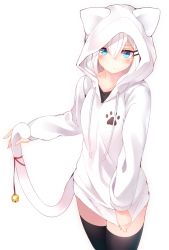 Rule 34 | 1girl, animal ears, animal hood, bell, black thighhighs, blue eyes, blush, bottomless, cat day, cat ears, cat hood, cat tail, closed mouth, cowboy shot, fake animal ears, hair between eyes, hair ornament, hairclip, holding own tail, hood, hoodie, long sleeves, looking at viewer, original, otokuyou, paw print, ringo-chan (haegiwa), ringo-chan (otokuyou), shirt tug, simple background, solo, tail, tail bell, tail ornament, thighhighs, white background, white hair, zettai ryouiki
