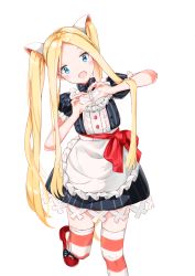 Rule 34 | 1girl, :d, abigail williams (fate), absurdres, apron, black dress, blonde hair, blue eyes, bow, commentary request, dress, eyebrows hidden by hair, fate/grand order, fate (series), forehead, frilled apron, frills, head tilt, heart, heart hands, highres, long hair, open mouth, puffy short sleeves, puffy sleeves, red bow, red footwear, shoes, short sleeves, simple background, smile, solo, striped clothes, striped dress, striped thighhighs, thighhighs, twintails, vertical-striped clothes, vertical-striped dress, very long hair, waist apron, white apron, white background, yukaa