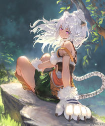 Rule 34 | 1girl, ahoge, animal ears, animal hands, armlet, breasts, closed mouth, floating hair, fur trim, gloves, indian style, knees up, ladica (shadowverse), long hair, looking at viewer, medium breasts, official art, paw gloves, ponzu (catponz), purple eyes, shadowverse, sitting, skirt, smile, solo, tail, white hair