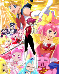 Rule 34 | 6+girls, ai tenshi densetsu wedding peach, bishoujo senshi sailor moon, blonde hair, blue eyes, blush, breasts, choker, collarbone, company connection, crescent, crescent earrings, crossover, cure peach, cutie honey flash, earrings, elbow gloves, fresh precure!, futari wa precure, gloves, half updo, hand up, happy, heart, heart choker, heart necklace, heartcatch precure!, highres, jewelry, large breasts, long hair, looking at viewer, magical girl, muka, multiple girls, neck, necklace, olm (studio), one eye closed, open mouth, outstretched arm, parted bangs, pig, pink hair, pointing, pointing at viewer, precure, red hair, sailor moon, short hair, smile, standing, tiara, toei animation, tonde buurin, tsukino usagi, twintails, v, very long hair, white gloves, wink, yellow background