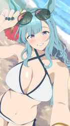 Rule 34 | 1girl, absurdres, alternate costume, animal ears, beach, bikini, black nails, blue hair, blush, bracelet, braid, breasts, commentary request, criss-cross halter, crown braid, day, dutch angle, ear ornament, eyewear on head, grin, halterneck, highres, horse ears, horse girl, horse tail, jewelry, kumabachi315, light blue hair, long hair, mejiro ardan (umamusume), navel, ocean, outdoors, purple eyes, sand, selfie, smile, solo, stomach, sunglasses, swimsuit, tail, umamusume, water, white bikini