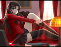 Rule 34 | 1girl, black hair, black thighhighs, blue eyes, book, couch, curtains, fate/stay night, fate (series), gem, hair ribbon, lamp, long hair, long sleeves, looking at viewer, ribbon, shirt, siraha, sitting, skindentation, skirt, solo, thighhighs, thighhighs pull, thighs, tohsaka rin, two side up, window