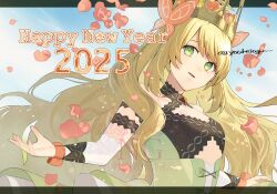 1girl 2025 bare_shoulders blonde_hair breasts celine_(fire_emblem) crown dress fire_emblem fire_emblem_engage flower green_dress green_eyes hair_flower hair_ornament happy_new_year kiyuu long_hair looking_at_viewer new_year nintendo open_mouth petals small_breasts solo twitter_username upper_body very_long_hair