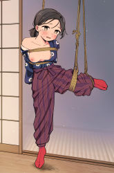 Rule 34 | 1girl, bad id, bad pixiv id, bdsm, blue shirt, bondage, bound, breasts, brown eyes, brown hair, collarbone, commentary, commission, crying, crying with eyes open, full body, highres, indoors, japanese clothes, looking at viewer, medium breasts, medium hair, miyama (kannsannn), monpe, nipples, open clothes, open shirt, original, pants, parted lips, red pants, red socks, restrained, rope, shirt, short ponytail, shouji, skeb commission, sliding doors, socks, solo, suspension, tabi, tears