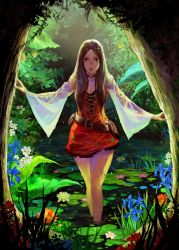 Rule 34 | 1girl, black eyes, breasts, brown hair, choker, cleavage, dress, flower, grass, lily pad, original, partially submerged, pond, pouch, red dress, see-through, short dress, solo, standing, sunlight, tahra, tree, wading