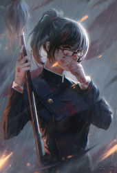 Rule 34 | 1girl, absurdres, bigtravart, blood, blood on clothes, blood on face, brown eyes, commentary, covering own mouth, dated, embers, english commentary, glasses, green hair, highres, holding, holding polearm, holding weapon, jujutsu kaisen, jujutsu tech uniform, long sleeves, looking at viewer, polearm, ponytail, rain, sideways glance, signature, solo, upper body, weapon, zen&#039;in maki