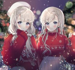 Rule 34 | 2girls, artist name, beret, berrypop, blue eyes, blurry, blush, bokeh, bow, bow earrings, braid, braided bangs, christmas, commentary request, depth of field, earrings, expressionless, grey hair, hat, hisakawa hayate, hisakawa nagi, idolmaster, idolmaster cinderella girls, idolmaster cinderella girls starlight stage, jewelry, long hair, long sleeves, looking at viewer, multiple girls, night, outdoors, plaid, plaid bow, pleated skirt, pom pom (clothes), print sweater, red bow, red sweater, reindeer print, siblings, side braid, sisters, skirt, sleeves past wrists, smile, snowflake print, snowing, sparkle, sweater, twins, upper body, white headwear, white skirt