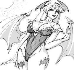 Rule 34 | 1girl, animal print, arm at side, bad id, bare shoulders, bat print, bat wings, bb (baalbuddy), blunt bangs, breasts, capcom, cleavage, clothing cutout, covered navel, cowboy shot, demon girl, demon wings, female focus, fingernails, greyscale, hand up, head wings, heart cutout, highleg, highleg leotard, highres, inactive account, large breasts, leotard, long hair, looking at viewer, monochrome, morrigan aensland, pantyhose, parted lips, simple background, solo, spread wings, sun, sweat, sweatdrop, nervous sweating, vampire (game), white background, wings