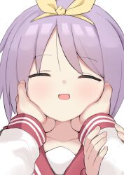 Rule 34 | 1girl, absurdres, blush, bow, closed eyes, collarbone, commentary request, hairband, hands on another&#039;s face, happy, highres, hiiragi tsukasa, lucky star, nicomi-chan, open mouth, purple hair, red sailor collar, ryouou school uniform, sailor collar, school uniform, serafuku, short hair, simple background, solo focus, upper body, white background, yellow bow, yellow hairband