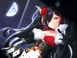 Rule 34 | 1girl, animal ear fluff, animal ears, black gloves, black hair, black sky, breasts, card, cleavage, dress, elbow gloves, finger to cheek, flower, gloves, hair flower, hair ornament, hair over one eye, highres, holding, holding card, hololive, kapibara ani, long hair, looking at viewer, medium breasts, moon, multicolored hair, night, night sky, ookami mio, ookami mio (wonderland), red dress, red hair, sky, smile, star (sky), streaked hair, trading card, two-tone dress, virtual youtuber, white dress, wolf ears, wolf girl, yellow eyes