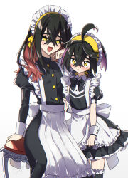 Rule 34 | 1boy, 1girl, ahoge, alternate costume, apron, black dress, black hair, blush, brother and sister, carmine (pokemon), closed mouth, creatures (company), crossdressing, crossed bangs, dress, enmaided, eyelashes, frilled apron, frills, game freak, hair between eyes, highres, juliet sleeves, kieran (pokemon), leftporygon, long hair, long sleeves, maid, maid headdress, mole, mole on neck, mole under eye, multicolored hair, nintendo, open mouth, pokemon, pokemon sv, puffy short sleeves, puffy sleeves, purple hair, ribbon, short sleeves, siblings, simple background, sitting, stool, trap, white background, wrist cuffs, yellow eyes