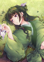 Rule 34 | 1girl, chinese clothes, flat chest, flower, freckles, grass, green hair, green theme, hair ribbon, half updo, hand on own stomach, kusuriya no hitorigoto, long hair, long sleeves, looking to the side, low-tied long hair, lying, maomao (kusuriya no hitorigoto), marble, multi-tied hair, nature, on back, on ground, purple eyes, reaching, ribbon, solo, upper body, wide sleeves, yue (lov n n)
