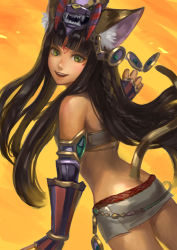Rule 34 | 1girl, animal ears, back, bastet (p&amp;d), black hair, braid, cat ears, cat tail, dark skin, dark-skinned female, egyptian, facial mark, forehead mark, from behind, green eyes, headdress, long hair, looking at viewer, looking back, lotus (elico), midriff, miniskirt, open mouth, puzzle &amp; dragons, single braid, skirt, solo, tail, very long hair