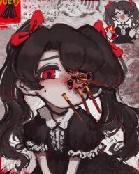 Rule 34 | 1girl, :d, ^ ^, black choker, black dress, blush stickers, body horror, brown hair, choker, closed eyes, collared dress, curtained hair, dated, dress, extra mouth, eyepatch, food, food in mouth, frilled sleeves, frills, gestart333, gosick, goth fashion, gothic lolita, hair ribbon, hashtag, highres, holding, holding food, holding pocky, horror (theme), inset, leaning forward, lolita fashion, long hair, medical eyepatch, missing eye, mole, open mouth, original, pixiv username, pocky, pocky day, pocky in mouth, puffy short sleeves, puffy sleeves, red eyes, red ribbon, ribbon, short sleeves, smile, speech bubble, teeth, twintails, upper body