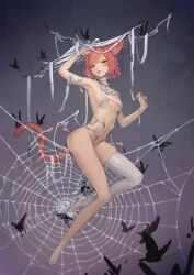 Rule 34 | 1girl, absurdres, animal ears, animal feet, bandaged arm, bandages, bikini, black butterfly, breasts, bug, butterfly, cat ears, cat girl, cat tail, full body, highres, insect, lingxia, looking at viewer, orange eyes, orange hair, original, parted lips, short hair, silk, simple background, single thighhigh, small breasts, solo, spider web, swimsuit, tail, thighhighs, toeless legwear, white bikini, white thighhighs