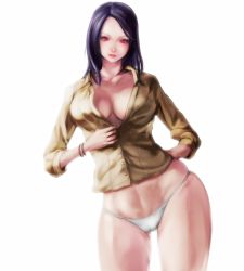 Rule 34 | 1girl, black hair, bracelet, breasts, capcom, dead rising, dead rising 2, denchu (gowan), hip focus, jewelry, long hair, mole, no pants, panties, pink eyes, purple hair, rebecca chang, red eyes, simple background, sleeves rolled up, solo, unbuttoned, underwear, white panties, wide hips