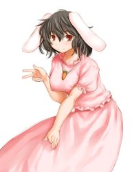 Rule 34 | 1girl, aged up, animal ears, black hair, blush, breasts, carrot, carrot necklace, dress, female focus, inaba tewi, jewelry, kasuga yukihito, large breasts, necklace, pendant, rabbit ears, rabbit girl, rabbit tail, red eyes, revision, short hair, smile, solo, tail, touhou, v