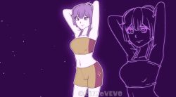 1girl, afterimage, alternate costume, armpits, arms up, artist name, bandeau, bangs, bare shoulders, bernadetta von varley, breasts, cirno vevo, commentary, cowboy shot, fire emblem, fire emblem: three houses, highres, me!me!me!, medium breasts, midriff, navel, nintendo, parody, purple background, purple eyes, purple hair, short hair with long locks, shorts, smile, solo, standing, stomach, strapless, tubetop, twitter username