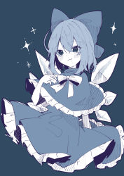 Rule 34 | 1girl, absurdres, blue background, blue bow, blue capelet, blue dress, blue eyes, blue hair, blue theme, blush, bow, bowtie, capelet, cirno, dress, frilled dress, frills, hair bow, highres, ice, ice wings, light blue hair, limited palette, sabatuki, short hair, simple background, solo, touhou, white bow, white bowtie, wings