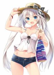 Rule 34 | 1girl, :d, alternate costume, arm up, armpits, bag, bankoku ayuya, blue eyes, bow, bracelet, breasts, camisole, casual, commentary, contemporary, contrapposto, cowboy shot, crop top, denim, denim shorts, fate/grand order, fate (series), grey hair, hand on headwear, hat, hat bow, jewelry, long hair, looking at viewer, marie antoinette (fate), midriff, navel, open mouth, short shorts, shorts, shoulder bag, simple background, small breasts, smile, solo, standing, straw hat, twintails, very long hair, white background