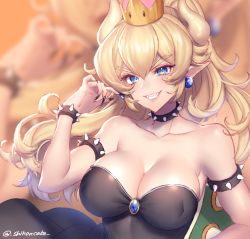 Rule 34 | 1girl, armlet, bare shoulders, black collar, black dress, black nails, blonde hair, blue eyes, blue gemstone, bowsette, bracelet, breasts, brown horns, cleavage, clenched teeth, collar, collarbone, dress, earrings, female focus, fingernails, floating hair, forked eyebrows, gem, grin, hair between eyes, half-closed eyes, hand up, highres, horns, jewelry, large breasts, long fingernails, looking at viewer, mario (series), monster girl, nail polish, naughty face, neck, new super mario bros. u deluxe, nintendo, parted bangs, pointy ears, sakura shiho, sharp fingernails, sharp teeth, shell, smile, solo, spiked armlet, spiked bracelet, spiked collar, spiked shell, spikes, strapless, strapless dress, super crown, teeth, thick eyebrows, turtle shell, twitter username, upper body, zoom layer
