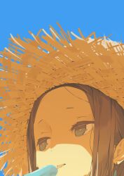Rule 34 | 1girl, blue background, blue sky, bright pupils, brown hair, commentary, earrings, food, forehead, from below, grey eyes, half-closed eyes, hat, highres, jewelry, licking, long hair, loose hair strand, original, popsicle, portrait, raised eyebrows, rb2, shade, short eyebrows, sidelocks, sideways glance, sky, solo, straw hat, sunlight, sweat, symbol-only commentary, tongue, tongue out, white pupils