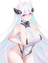 Rule 34 | 1girl, absurdly long hair, absurdres, arms under breasts, azur lane, backless leotard, bare shoulders, blue eyes, breast hold, breast lift, breasts, covered navel, hair between eyes, halo, highleg, highleg leotard, highres, huge breasts, kearsarge (azur lane), leotard, long hair, mechanical halo, qian hen, sideboob, sleeveless, taut leotard, very long hair, white background, white leotard