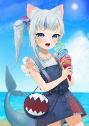 Rule 34 | 1girl, alternate hairstyle, animal ear fluff, animal ears, bag, beach, blue eyes, blue hair, blue nails, blue skirt, blue vest, blunt bangs, blush, buttons, cat ears, cowboy shot, cube hair ornament, fins, fish tail, food, food on face, gawr gura, gawr gura (casual), gotou (nekocat), hair ornament, highres, holding, hololive, hololive english, ice cream, ice cream cone, long hair, looking at viewer, multicolored hair, nail polish, ocean, official alternate costume, open mouth, outdoors, ponytail, shark tail, sharp teeth, shirt, shoulder bag, side ponytail, sidelocks, skirt, skirt set, sky, solo, streaked hair, tail, teeth, vest, virtual youtuber, white hair, white shirt