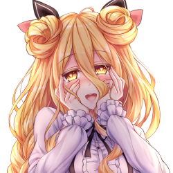 Rule 34 | 1girl, blonde hair, blush, breasts, commentary request, date a live, double bun, face, glowing, glowing eyes, hair between eyes, hair ribbon, hands on own cheeks, hands on own face, heart, heart-shaped pupils, hoshimiya mukuro, large breasts, long hair, long sleeves, looking at viewer, mirai nikki, open mouth, parody, puffy long sleeves, puffy sleeves, ribbon, solo, symbol-shaped pupils, tsubasaki, very long hair, yandere trance, yellow eyes