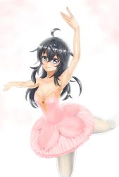 Rule 34 | 1girl, ahoge, arabesque (pose), arm over head, arm up, artist request, ballerina, ballet, bare shoulders, black hair, blue eyes, blush, breasts, cleavage, dancing, long hair, looking at viewer, medium breasts, netoge no yome wa onna no ko janai to omotta?, outstretched arm, outstretched leg, smile, solo, standing, standing on one leg, tamaki ako, tutu